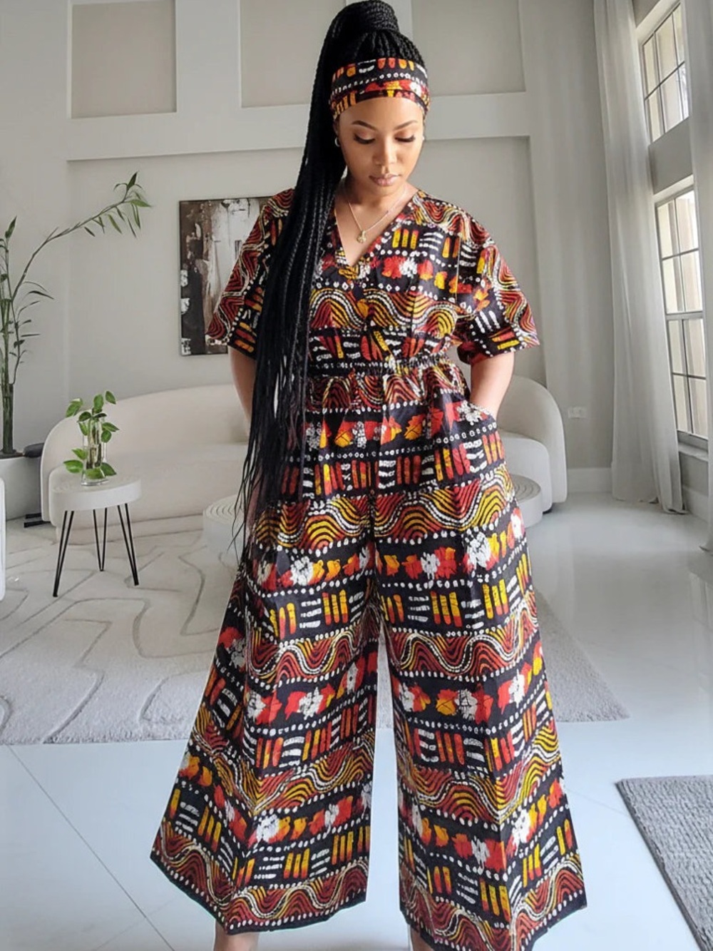 Wide-Leg V-Neck Printed Jumpsuit in Black Multi